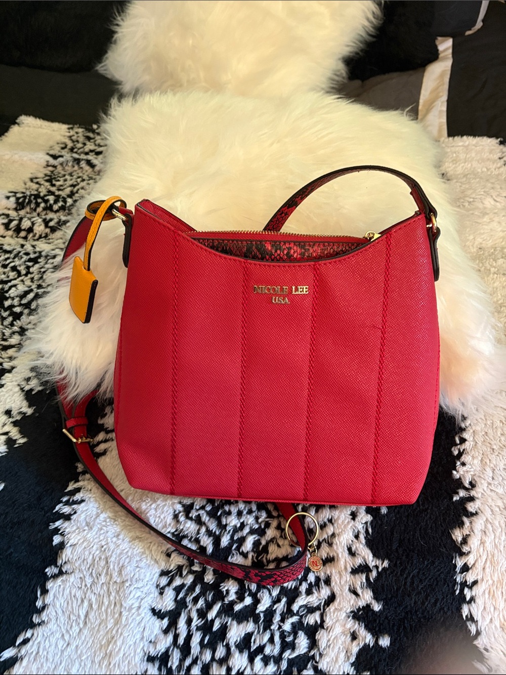 Nicole Lee Red Quilted Hobo Shoulder Bag with Yellow Tag